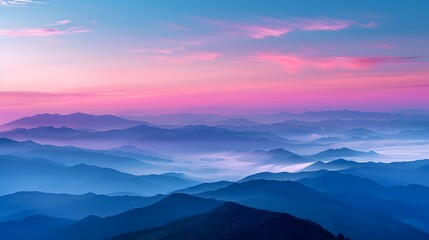 The sky at dawn, with the horizon pink and blue, mountains in misty layers below. For Design, Background, Cover, Poster, Banner, PPT, KV design, Wallpaper