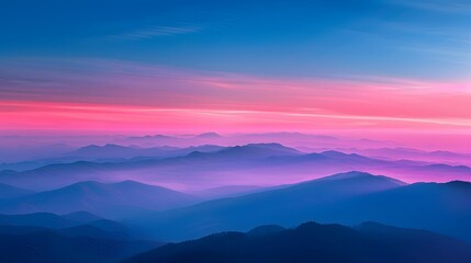 Fototapeta premium The sky at dawn, with the horizon pink and blue, mountains in misty layers below. For Design, Background, Cover, Poster, Banner, PPT, KV design, Wallpaper