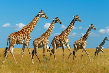 A family of giraffes gracefully walking across the savannah, their long necks and patterned coats, 