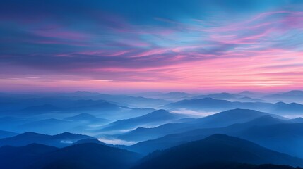 Obraz premium The sky at dawn, with the horizon pink and blue, mountains in misty layers below. For Design, Background, Cover, Poster, Banner, PPT, KV design, Wallpaper