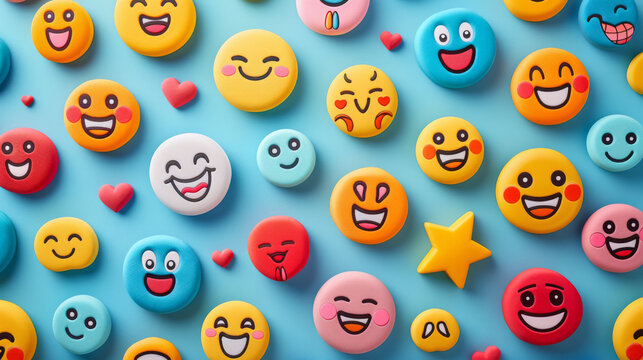 A collection of colorful emoji faces with hearts and stars scattered around them