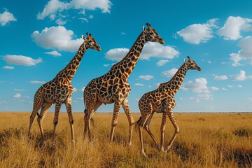  A family of giraffes gracefully walking across the savannah, their long necks and patterned coats