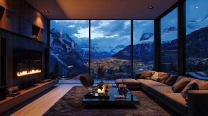 Fototapeta premium At night, the luxurious living room, the city outside the window