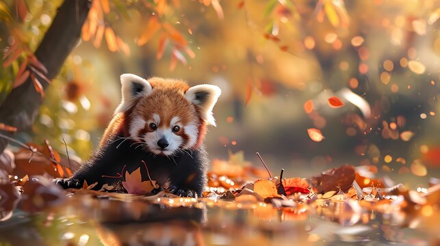 Red panda cub stands on the bank of an autumn river