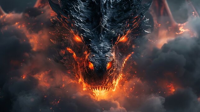 Fierce dragon head glowing eyes and open mouth