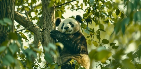 Obraz premium A determined panda climbs clumsily but with determination up a tree trunk