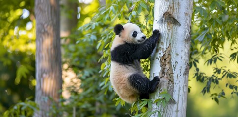 Endearing scene of a panda clumsily but determinedly climbing up a tree trunk.