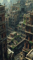 Bring to life the haunting beauty of an abandoned cityscape from a worms-eye view