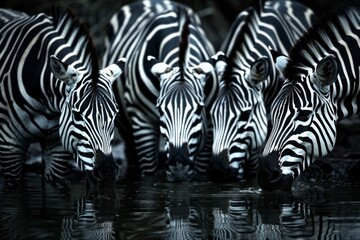  A group of zebras gathering near a watering hole, their black and white stripes 