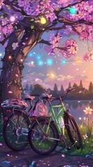 Bicycles leaning against a flowering tree, rides through scented air, joy in motion  169