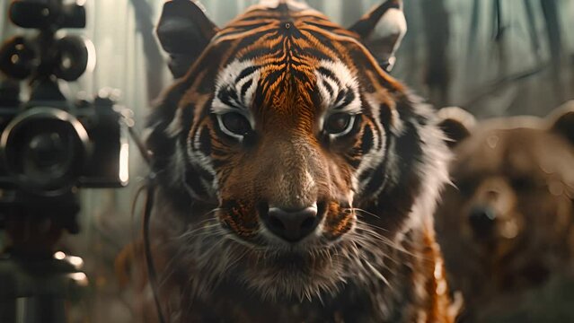 Tiger and Bear with Vintage Camera in Forest with Ai generated.

