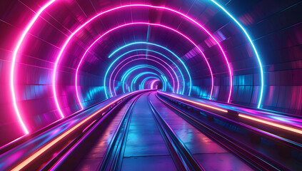 Abstract background with colorful light lines and curves, creating an atmosphere of speed and technology, dark blue gradient background, modern tunnel
