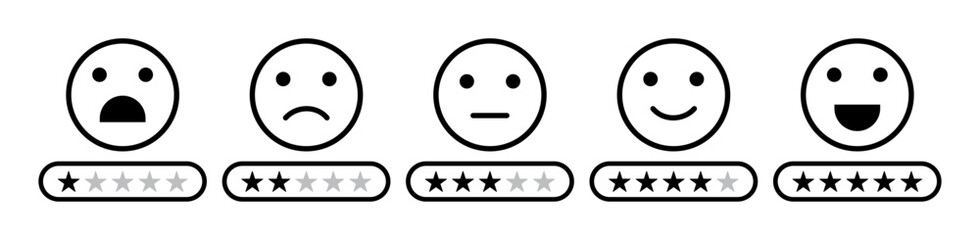Rating emoji collection. Feedback rating emoji icon set in black color outline style. Five-star rating emoji icon set. Emoji feedback scale with stars line icon. Vector illustration.