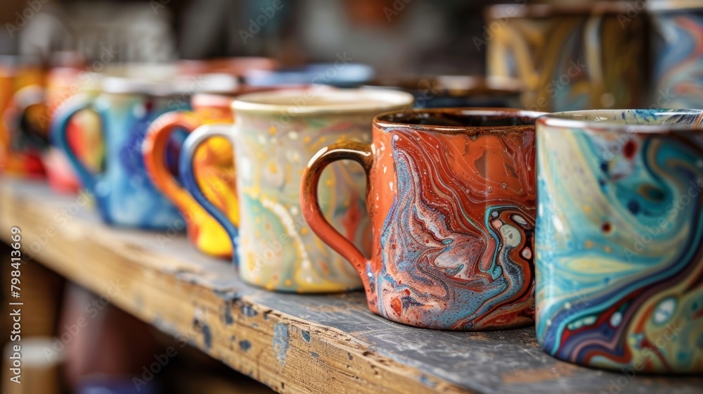 Aufkleber a row of handmade ceramic mugs each uniquely adorned with a complex marbled glaze..