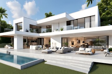 Fototapeta premium Design house modern villa with open plan living and private bedroom wing large terrace with privacy 