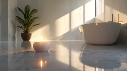 Fototapeta premium Elegant minimalist bathroom with a freestanding tub and candles reflecting on marble floor