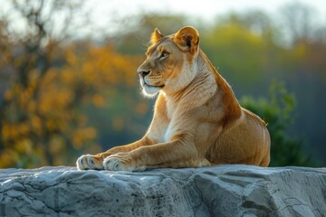  Side view of a Lion walking, looking at the camera, Panthera Leo, A lioness, Panthera leo, sitting on top of a mound, on a rocky outcrop, Single lion looking regal standing proudly on a small hill. - obrazy, fototapety, plakaty