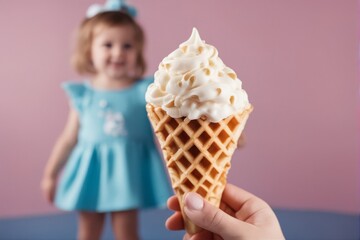'baby kid hand holding big ice cream waffles cone blue squashes vertical fist wrist creamy cut-out...
