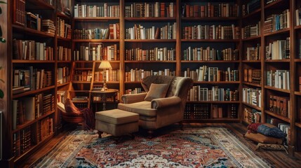 At night, the bookshelf in the study is filled with books and sofas