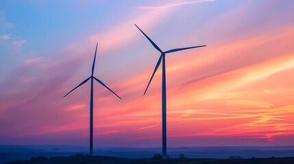 Obraz premium Two wind turbines standing tall against the backdrop of an orange and pink sky, their blades spinning gracefully in harmony with nature's power. 
