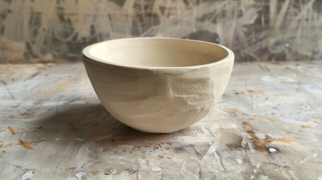 A handbuilt pinch pot with the imprint of fingers still visible waiting to be painted and fired in a kiln..