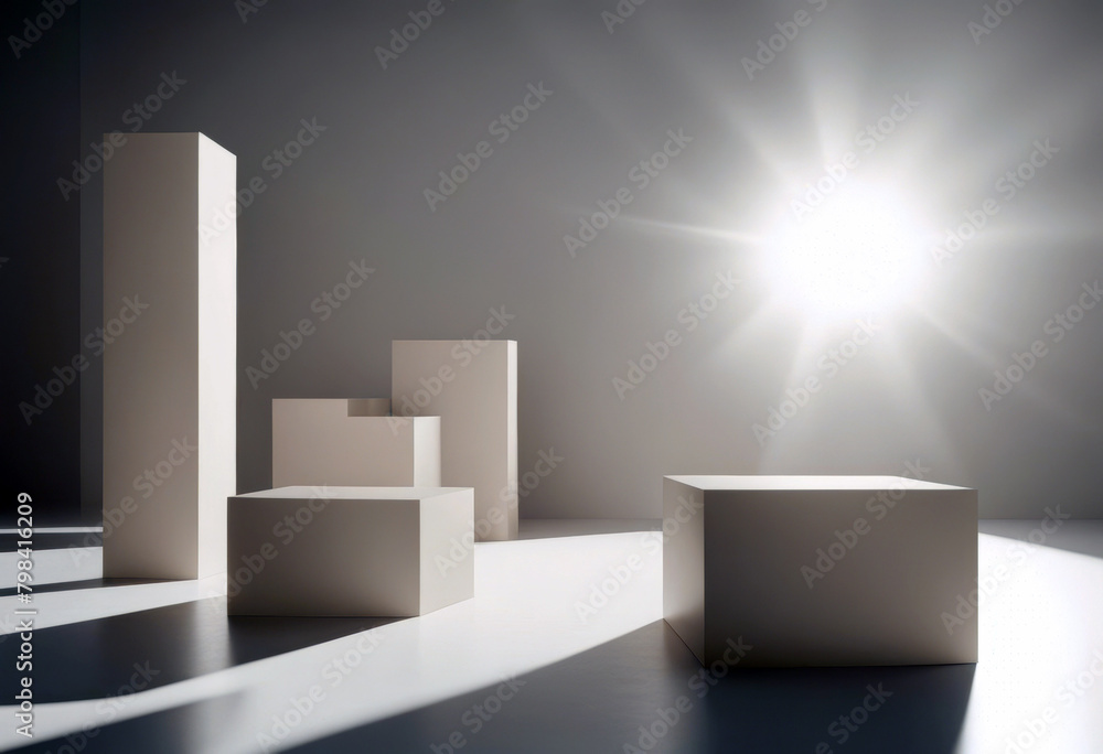 Poster 'scene modern minimal abstract sunlight pedestals 3d render monochrome rays beige background product