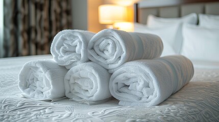 Elegantly stacked white towels on a hotel bed with sunlight streaming through the window