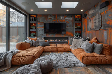 A cozy sofa room with a plush sectional sofa, a faux fur rug, and a wall-mounted electric fireplace.