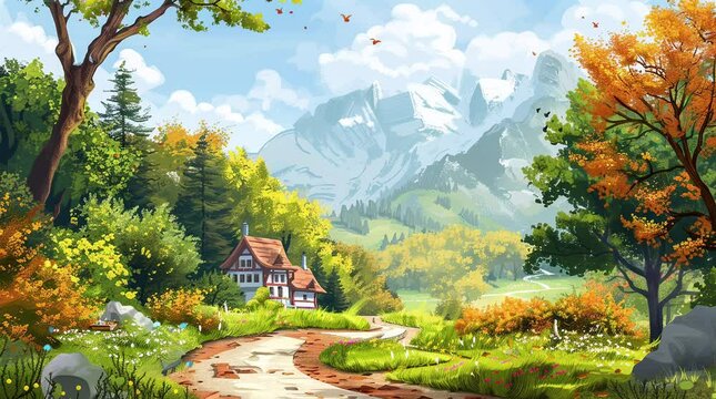 Enchanted Pathway: A winding pathway leads through the mystical forest to a charming house, where magic lingers Seamless looping 4k time-lapse virtual video animation background. Generated AI