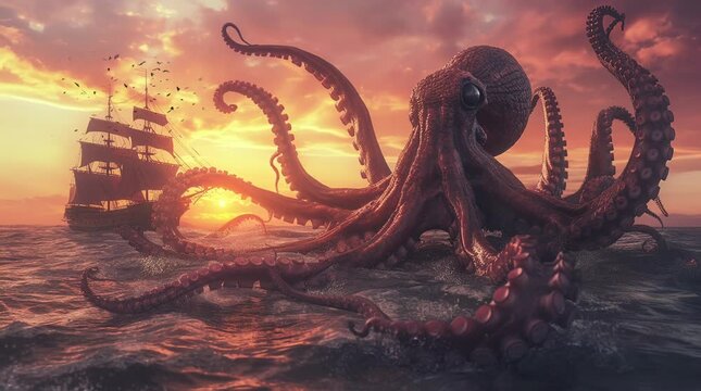 Giant octopus attacking a pirate ship on a dramatic evening ocean. High-seas adventure under turbulent skies.
Seamless looping 4k time-lapse virtual video animation background. Generated AI