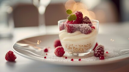 Fresh raspberries atop vanilla cream in a clear dessert cup garnished with mint leaves