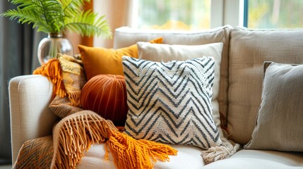 Cozy home interior with stylish decorative cushions and warm throw on a sunny day
