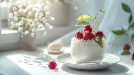 Fresh raspberries atop vanilla cream in a clear dessert cup garnished with mint leaves