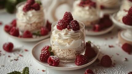 Fresh raspberries atop vanilla cream in a clear dessert cup garnished with mint leaves