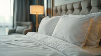 Crisp white pillows and duvet on a luxurious bed in a well-lit room evoke comfort and elegance