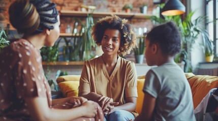 A social worker discussing with a mother and child, a focus on supportive gestures