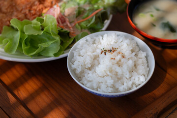 Close up Japanese rice serve on wooden plate with soup and salad.