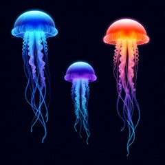 Naklejka premium Neon Jellyfish Digital Painting Deep Ocean Glowing Beautiful Nature Background Design