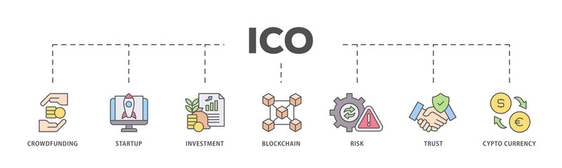 ICO icons process flow web banner illustration of crowdfunding, startup, investment, blockchain,...