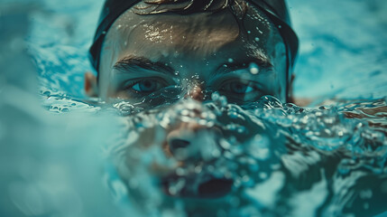 Intense Focus of Swimmer's Eyes Above Water in Pool