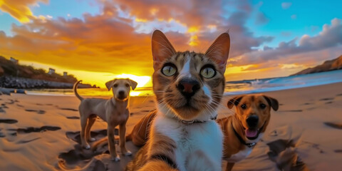 Whimsical Beach Sunset with Curious Cat and Dogs
