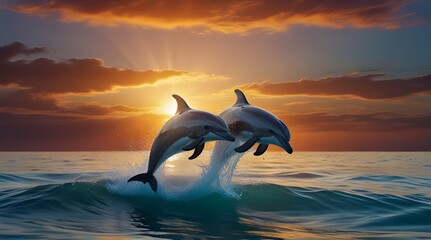 Dolphins jumping over Vibrant sunset sea Water wave with bright background .Generative AI