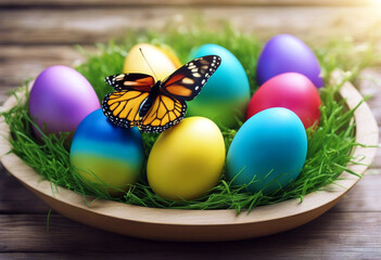 Fototapeta premium 'slat grass yellow dyed centerpiece Colorful eggs butterflies Egg surface Easter wood Background Spring Table Home Happy Green Celebration Interior design Holiday PinkBackground Wood Spring Grass'
