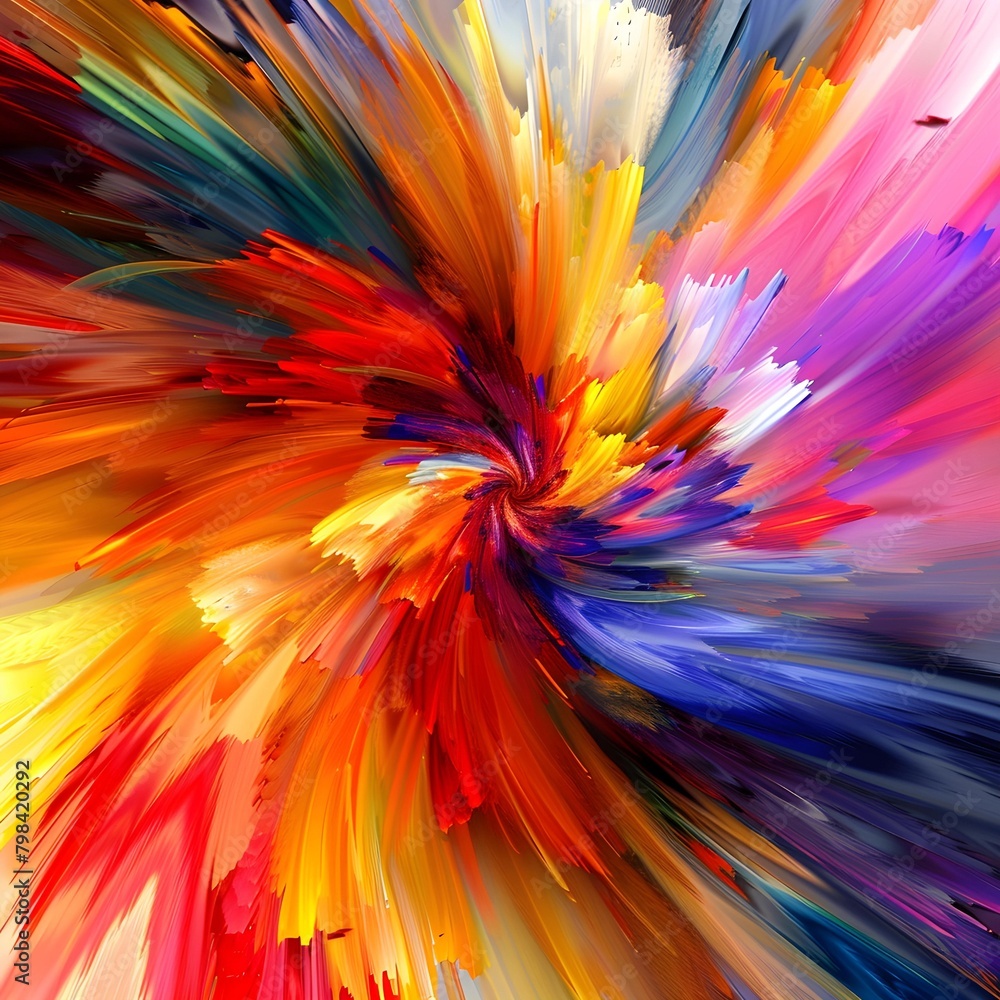 Poster explosion of vivid colors in an abstract digital painting, symbolizing creativity and dynamic moveme