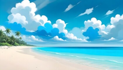 Fototapeta na wymiar Ocean Beach Panorama Digital Painting Cloudy Sky Beautiful Nature Summer Background Design