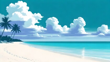 Fototapeta premium Ocean Beach Panorama Digital Painting Cloudy Sky Beautiful Nature Summer Background Design