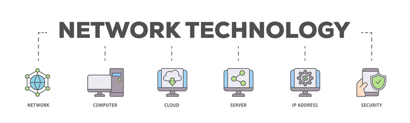 Network technology icons process flow web banner illustration of network, computer, cloud, server, ip address and security icon live stroke and easy to edit 