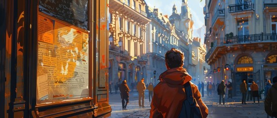 A bulletin board stands in a bustling city square, waiting for messages from passersby