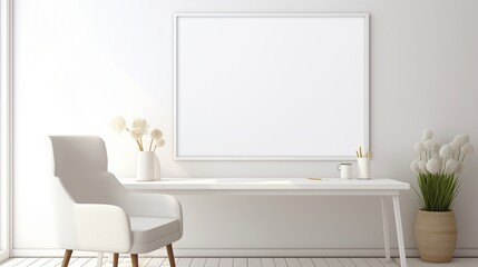 A modern workspace adorned with chic furnishings and subtle accents, the focal point being a pristine white blank frame mockup, hinting at endless possibilities and creativity.