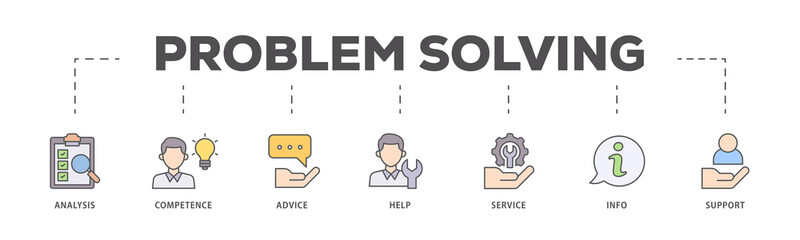 Problem solving icons process flow web banner illustration of analysis, critical thinking, creativity, emotional intelligence, research, team building  icon live stroke and easy to edit 